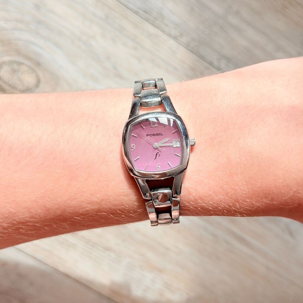 Vintage Fossil F2 Pink Dial Silver Tone Link Bracelet Watch Y2K Chunky Retro
